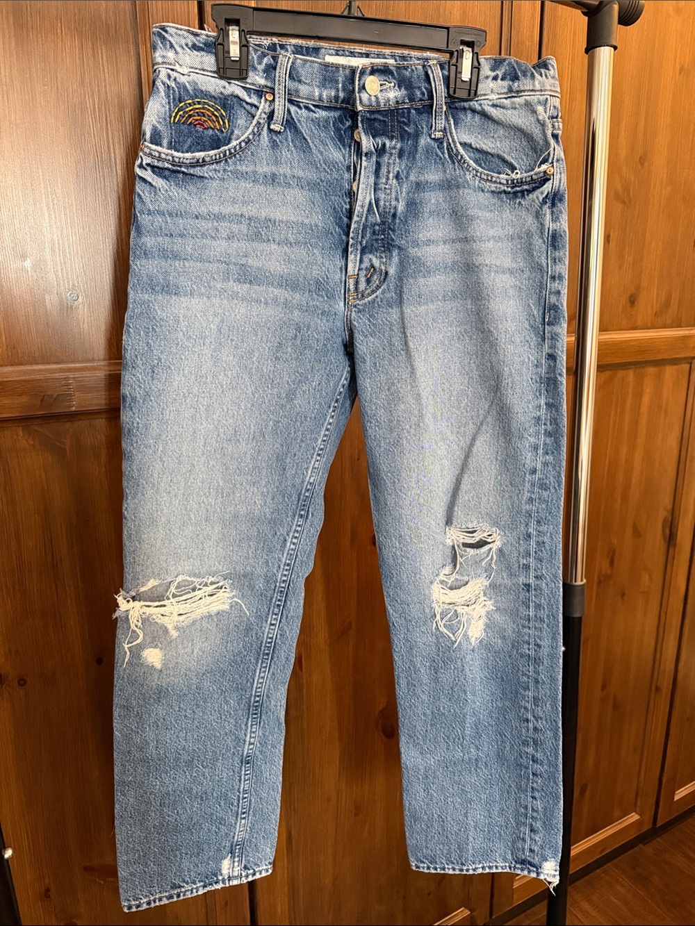 MOTHER Tomcat Ankle Jeans. Light Wash, Straight w/ Rainbow Coin Embroidery.